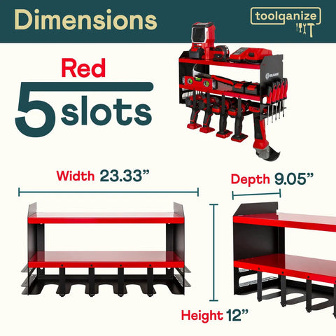 Heavy Duty Power Tool Organizer Wall Mount With Metal Drill Holder, red, 5 slots, dimensions 23.33x9.05x12 inches