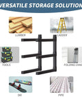 Three Layer Wall Mounted Storage Rack For Long Items Like Lumber And Pipes Heavy Duty Garage Shed Shelving Black Two Pack Scratch Resistant Space Saving Organizer surrounded by various items it can store, such as lumber and pipes.
