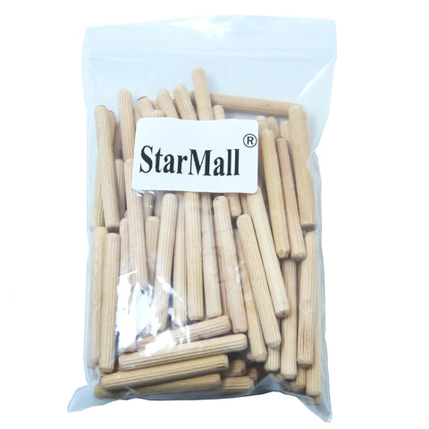Heavy Duty Real Deal Hardwood Dowel Pins Quarter Inch By Two Inch Six Millimeter Fifty Millimeter Beish Fluted Grip For Fine Cabinet Work And Furniture Build One Hundred Piece Set in a clear bag.