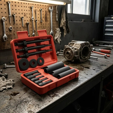 Thinking Process:. 14-piece 45# steel inner bearing pull set in red case on a motorcycle repair bench