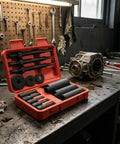 Hefty 14 Piece Inner Bearing Removal Puller Tool Kit For Grease Monkeys And Home Shed Builders With Red Carrying Case Designed For Tough Motorcycle Repairs Or Heavy Duty Service Work On Your Rig With Reliable Performance Every Single Day. red case open with steel puller rods and sleeves in workshop