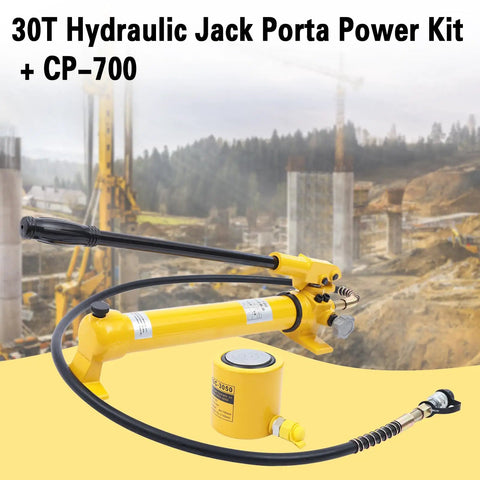 Straight Up Heavy Duty 30 Ton Hydraulic Jack Porta Power Ram Kit With CP 700 Manual Hand Pump and hose in yellow color.