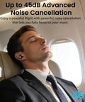 Man on plane using Hybrid Active Noise Cancelling Wireless Earbuds With Six Microphones ENC For Crystal Clear Calls.