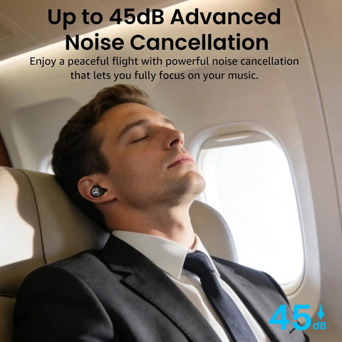 Man on plane using Hybrid Active Noise Cancelling Wireless Earbuds With Six Microphones ENC For Crystal Clear Calls.