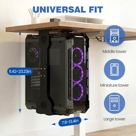 Built Like A Tank Under Desk Pc Mount Heavy Duty Cpu Holder keeps your rig locked down, showcasing height and width adjustments.
