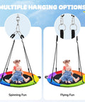 700 Lb 40 Inch Rainbow Saucer Tree Swing For Kids And Adults Outdoor With Textilene Fabric Weatherproof Heavy Duty Seat UV Resistant Includes 2 Tree Straps showing two kids seated with multiple hanging options displayed.