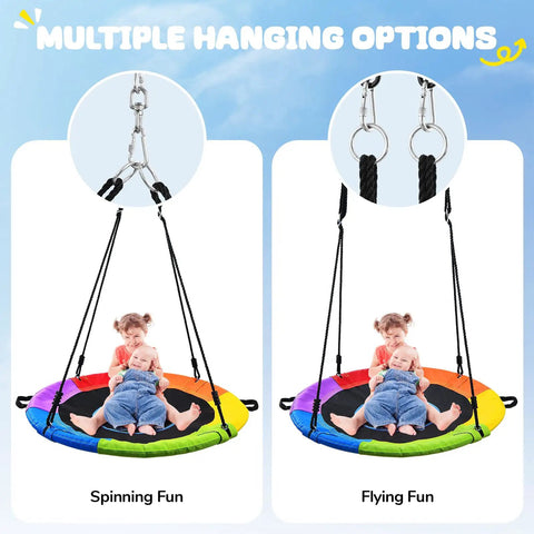 700 Lb 40 Inch Rainbow Saucer Tree Swing For Kids And Adults Outdoor With Textilene Fabric Weatherproof Heavy Duty Seat UV Resistant Includes 2 Tree Straps showing two kids seated with multiple hanging options displayed.