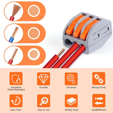 60 Piece Lever Wire Connector Nuts Kit For Two Or Three Wire Quick Splice Electrical Connectors And Wiring Terminals