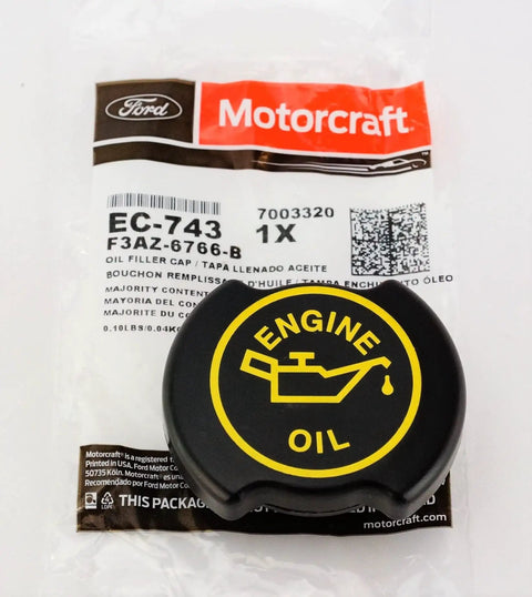 Ford EC743 Cap Assembly Oil Filler For Engine Oil System Replacement Genuine OEM Quality, shown with packaging, front view