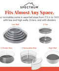 Assorted turntables with varying sizes and features from 7.5 to 14.5 inches, including low/high walls, 2-tiers, dividers.