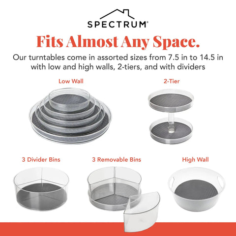 Assorted turntables with varying sizes and features from 7.5 to 14.5 inches, including low/high walls, 2-tiers, dividers.