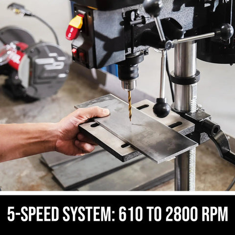 6.2 Amp 10 Inch Benchtop Drill Press With 5 Speed Range 610 To 2800 RPM drilling metal plate with laser alignment