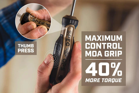 Pro Grade Phillips Screwdriver Size 2 By 4 Inch With Magnetic Cr Mo Steel Blade Heat Treated Antislip Grip demonstrating thumb press for torque.