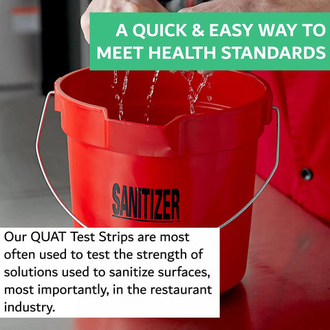 Red sanitizer bucket showing Quat Sanitizer Test Strips 100 Pack for Quaternary Sanitizing Solutions 0 to 500 Ppm in use