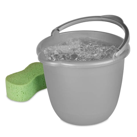 10 Qt Titanium Spout Pail Mop Bucket With Pour Spout And Comfort Grip Handle filled with water beside a green sponge