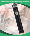 Adjustable sheet metal hole cutter with built-in scale for 2–12 inch circle cuts; includes two drill bits.