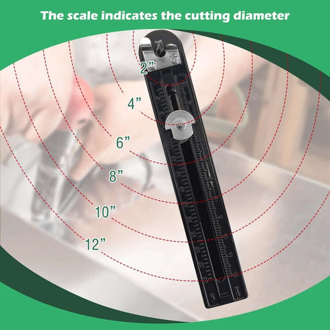 Adjustable sheet metal hole cutter with built-in scale for 2–12 inch circle cuts; includes two drill bits.