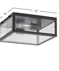 Oil Rubbed Bronze Farmhouse LED Flush Mount Ceiling Light With Clear Glass Shade showing size dimensions and bulb view