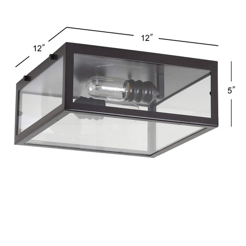 Oil Rubbed Bronze Farmhouse LED Flush Mount Ceiling Light With Clear Glass Shade showing size dimensions and bulb view