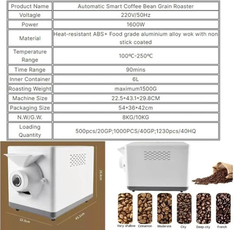 Premium Electric Coffee Roaster Machine Featuring 1500 Gram Drum Capacity And Smart Thermostat Controls, side view with coffee beans.