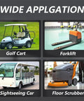 Heavy Duty 48V 30A Forklift Battery Charger Featuring Bright Smart LCD Screen Fully Automatic Auto Stop Lead Acid Juice Pack With Replaceable Anderson Plugs For Sweepers shown with golf cart, forklift, sightseeing car, and floor scrubber.