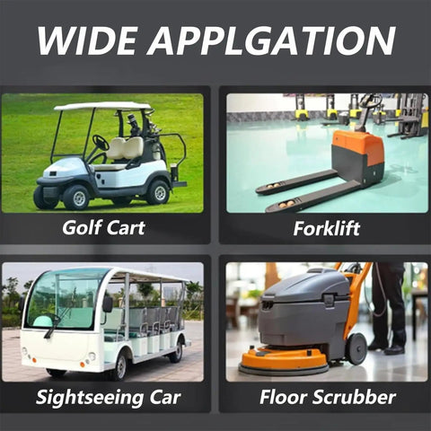 Heavy Duty 48V 30A Forklift Battery Charger Featuring Bright Smart LCD Screen Fully Automatic Auto Stop Lead Acid Juice Pack With Replaceable Anderson Plugs For Sweepers shown with golf cart, forklift, sightseeing car, and floor scrubber.