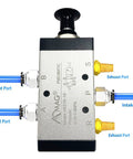 Five Way Two Position Hand Lever Pneumatic Valve Three Eighths Inch NPT Air Control Push Pull Lever Operated Valve For Industrial Automation Heavy Duty Alloy And Plastic Body Compact Four Inch Size Model 4R310 08 showing ports and connections