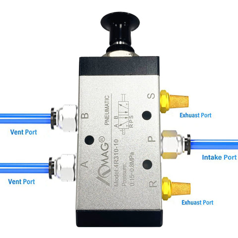 Five Way Two Position Hand Lever Pneumatic Valve Three Eighths Inch NPT Air Control Push Pull Lever Operated Valve For Industrial Automation Heavy Duty Alloy And Plastic Body Compact Four Inch Size Model 4R310 08 showing ports and connections