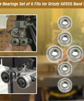 Six Piece Saw Bearings Set For Grizzly G0555 Band Saw with replacement and guide bearings in use and arranged against background