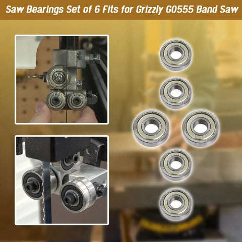 Six Piece Saw Bearings Set For Grizzly G0555 Band Saw with replacement and guide bearings in use and arranged against background