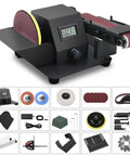 Badass Compact Four In One Mini Table Saw With LED Voltage Display, Seven Speed Settings, and dual bench grinder on workbench.