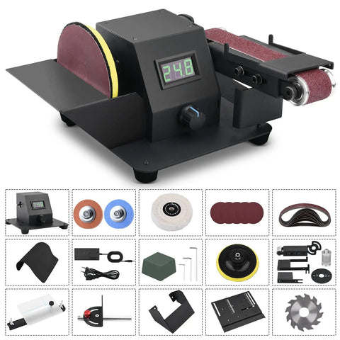 Badass Compact Four In One Mini Table Saw With LED Voltage Display, Seven Speed Settings, and dual bench grinder on workbench.