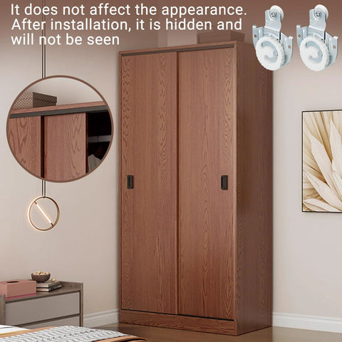 Sliding Closet Door Rollers Hardware Kit With Adjustable Mounting Hooks And Screws, installed on a wooden wardrobe