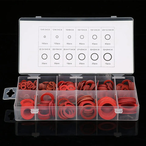 KickAss 600 Pieces Pro Grade Insulating Washers Assortment Kit With 12 Sizes Featuring Red Steel Paper Fiber Flat Rings Packed In A Box Built To Prevent Short Circuits To Keep All Safe During Repair Work Or Installation Tasks At Home Or Garage. 12-size washer box