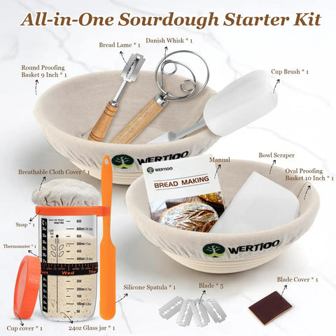 Pro Grade Sourdough Starter Kit With 2 9 Inch Round Banneton Proofing Baskets 24 Oz Glass Jar Danish Dough Whisk And Scraper