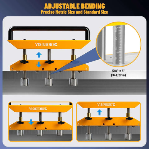 Three Station Edge Roller Bender for sheet metal demonstrating adjustable height and 5/8 to 4-inch bend capability