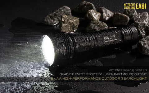 EA81 Cree XHP50 Powerhouse AA Searchlight Flashlight With 2150 Lumens And 462m Throw, Rugged Black Finish, Wet Outdoor Scene