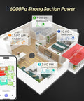 Overhead view of smart home with robot vacuum mapping, zones, and schedule; Robot Vacuum And Mop All In One Combo With Beastly 6000Pa Suction, Self Empty Dock, 90 Day Hands Free, LiDAR Navigation, Smart Mapping, WiFi App And Alexa Control, Pet Hair Cleanup On Hard Floors And Carpets.