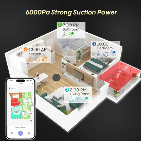 Overhead view of smart home with robot vacuum mapping, zones, and schedule; Robot Vacuum And Mop All In One Combo With Beastly 6000Pa Suction, Self Empty Dock, 90 Day Hands Free, LiDAR Navigation, Smart Mapping, WiFi App And Alexa Control, Pet Hair Cleanup On Hard Floors And Carpets.