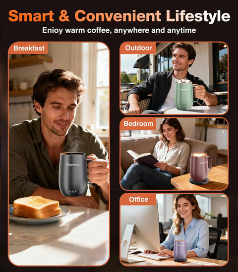 Keep Your Daily Grind Piping Hot All Day Long With This Badass Rechargeable Self Heating Coffee Cup Featuring Adjustable Temp Control And Snag It Up Now For That Perfect Sippin Experience, showing usage in various settings.