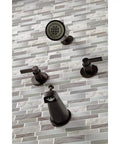 NuvoFusion Double-Handle Tub And Shower Faucet in polished brass, washerless cartridge, wall mount on tiled wall.