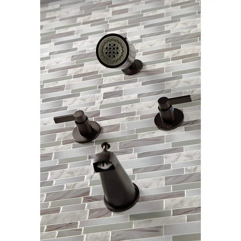 NuvoFusion Double-Handle Tub And Shower Faucet in polished brass, washerless cartridge, wall mount on tiled wall.