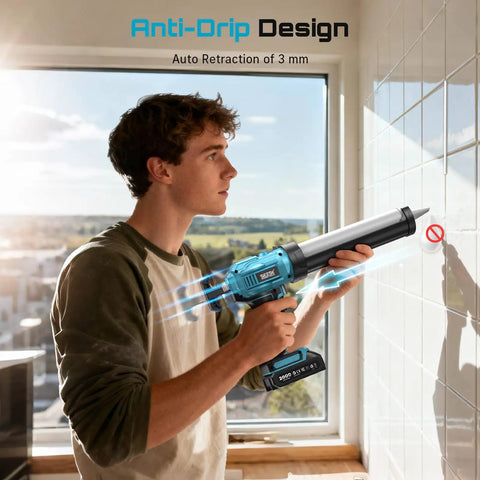 Person using Cordless Caulking Gun 21V Battery Powered With Dual 2.0Ah Batteries LED Light Auto Retract And 9 Piece Caulk Remover Kit