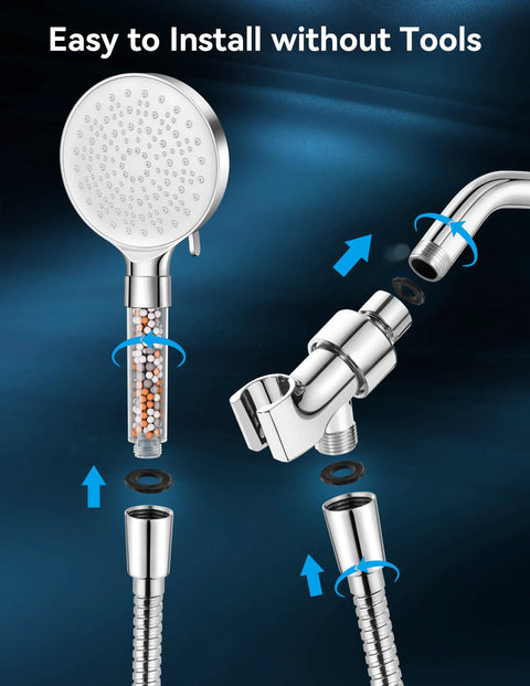 Assembly of Shower Head With Six Spray Modes And High Pressure 59 Inch Hose, Handheld Water Filter For Hard Water That Reduces Chlorine