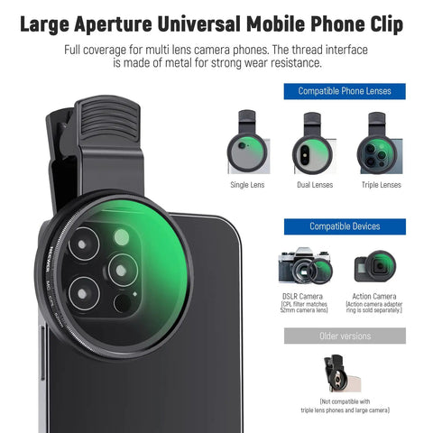 52mm CPL Filter Clip On Kit For Phone With Case And Cleaning Cloth Polarizing Lens reduces glare, boosts colors on phone