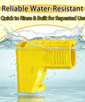 Yellow table saw dust collector adapter in water, showing water resistance. Table Saw Dust Collector Adapter 2.5 Inch Connector Dewalt Compatible With Dust Bag Built In Bag Hook Tool Free Dust Port For Efficient Sawdust Collection And A Cleaner Workshop.