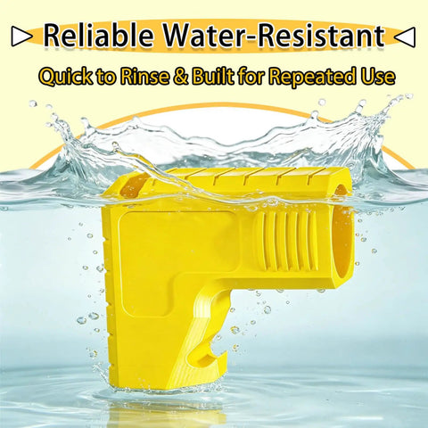 Yellow table saw dust collector adapter in water, showing water resistance. Table Saw Dust Collector Adapter 2.5 Inch Connector Dewalt Compatible With Dust Bag Built In Bag Hook Tool Free Dust Port For Efficient Sawdust Collection And A Cleaner Workshop.