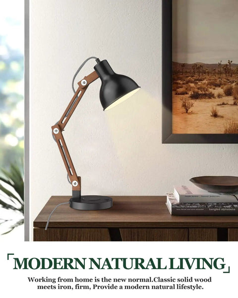 LED Desk Lamp With Wireless Charger And USB C Port Adjustable Swing Arm Sapele Wood Table Lamp Dimmable Eye Friendly LEDs