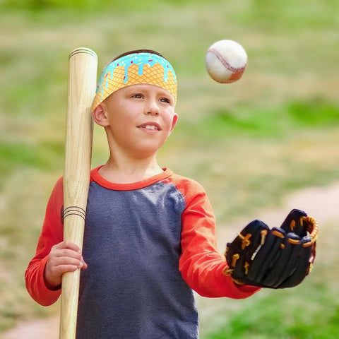 Child playing baseball wearing Ice Cream Drip Baseball Headband For Teens And Adults Elastic Polyester Sweatband In Multi Color
