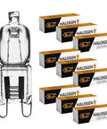 Clear Lens 40W G9 120V Halogen Bulbs Set Of 10 For Hanging Pendants And Chandeliers Sconces And Down Lamps JD T4 Type Warm 2700K High CRI No Blue Light packaging with bulb close-up